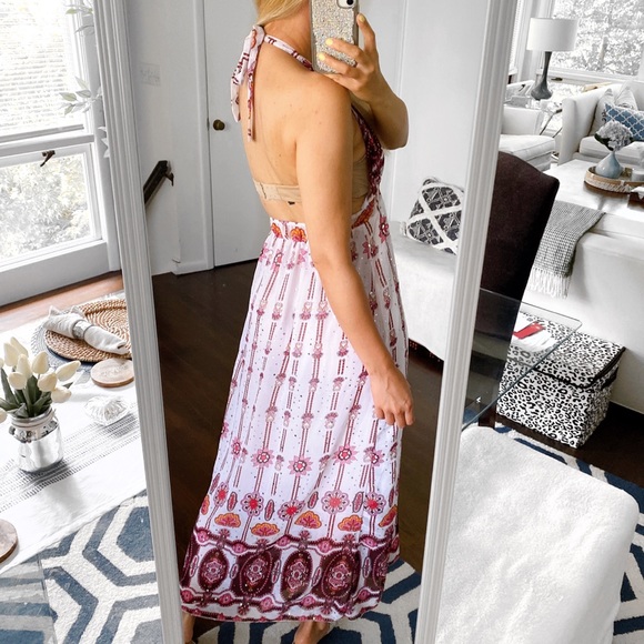πΊ BOHO FLORAL BURGUNDY RED PINK IVORY SEQUIN OPEN BACK MAXI DRESS! - Picture 4 of 9
